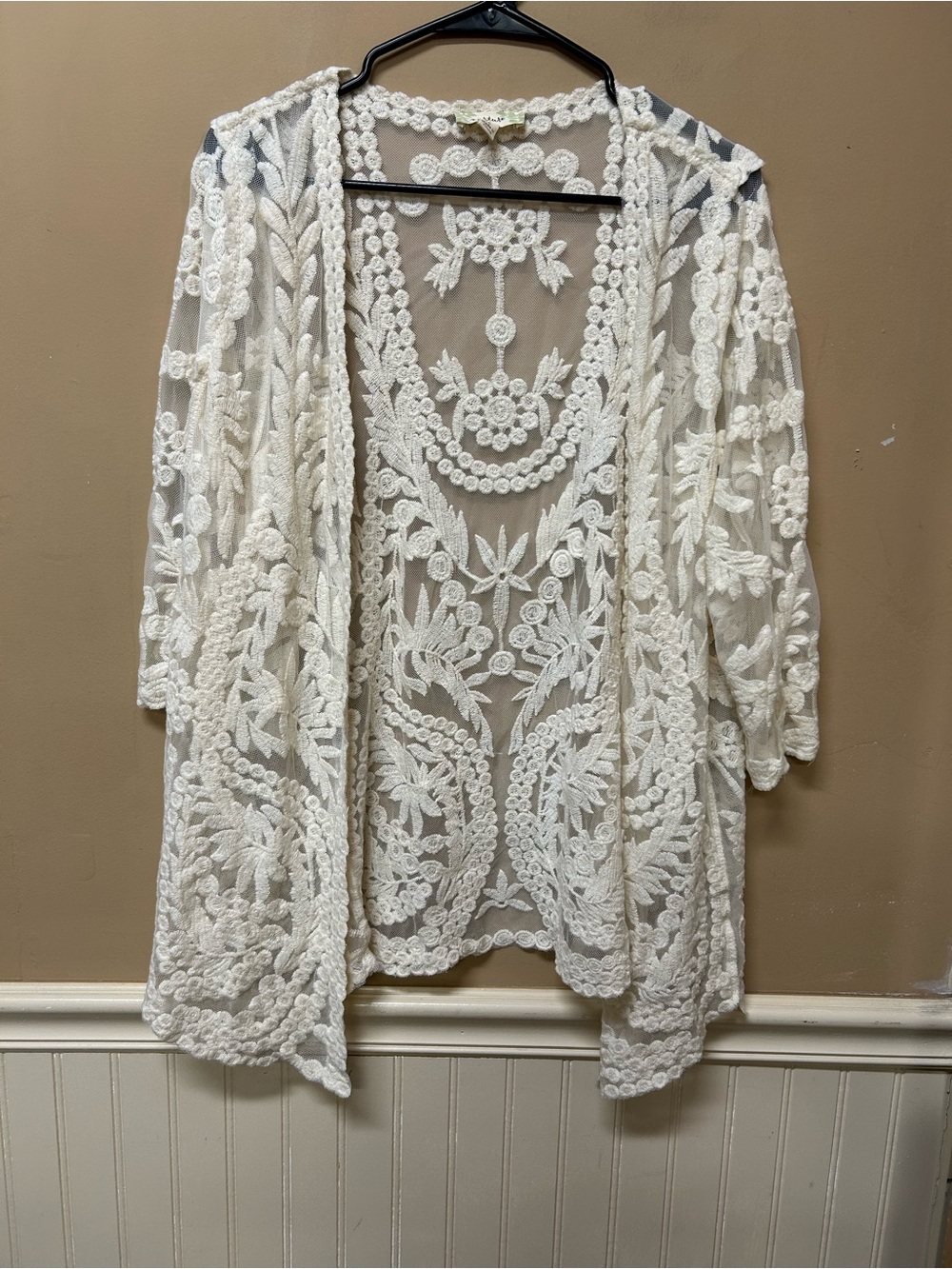 Nurture Ivory Embroidered Lace Cardigan Sheer Open Front Boho Kimono Shrug Sz L